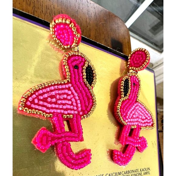 Flamingo Earrings Beaded Dangle Post New Pink Statement Jewelry Caribbe… - Picture 6 of 12